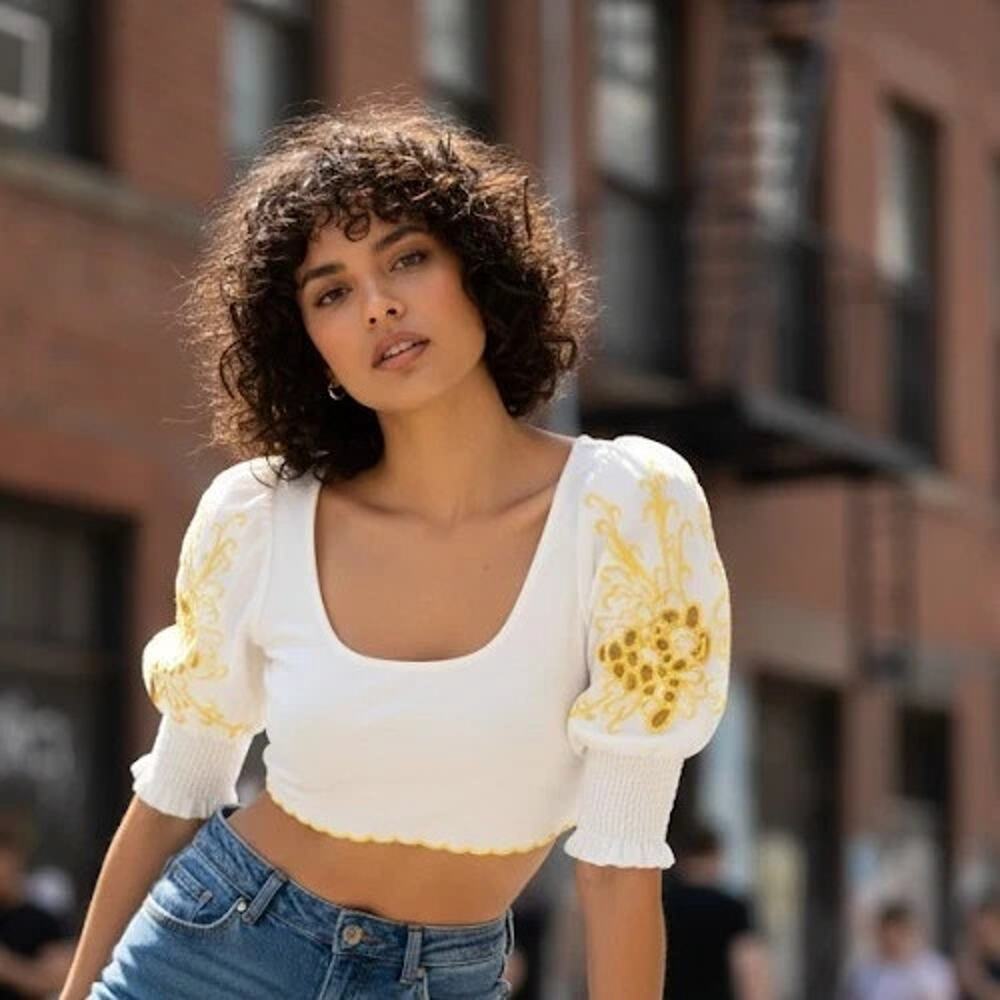 Secret Mission Ellis Top Organic Cotton Linen Balloon-Sleeve Crop Top M NWT